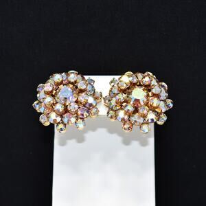 Vintage 1960s AB Rhinestone Cluster Clip Earrings, Wedding Bridal